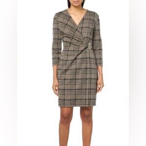 Anne Klein Faux Wrap Dress Women's Size 4 Black & Tan Plaid Gold Hardware